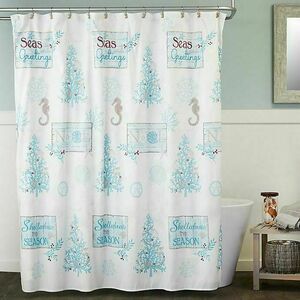 Christmas Seas and Greetings Shower Curtain Hooks Nautical 70x72" Holiday Decor